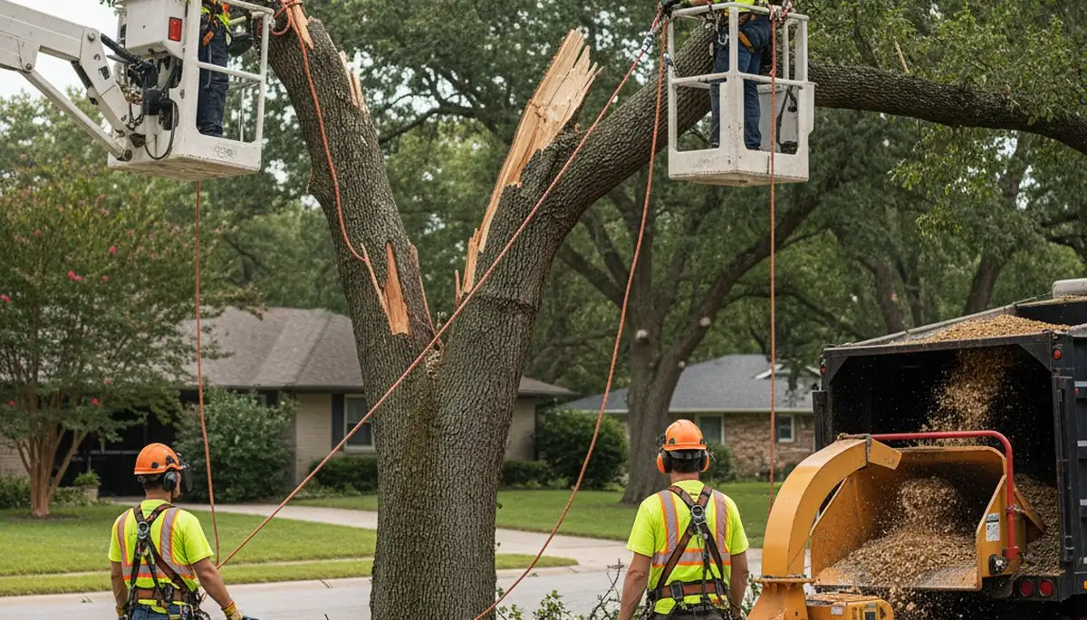 Kissimmee, FL tree service crew removing storm-damaged tree near a home