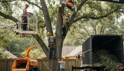 Kissimmee, FL tree removal crew safely removing a damaged tree from a residential property