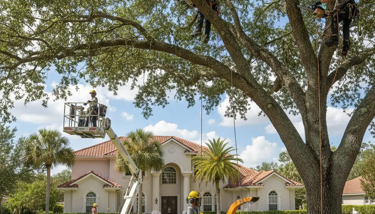 Tree service crew removing a tree in Kissimmee, FL for safe residential property clearing