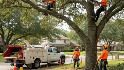 Tree service crew trimming overgrown trees in Kissimmee, FL for storm prep and canopy shaping